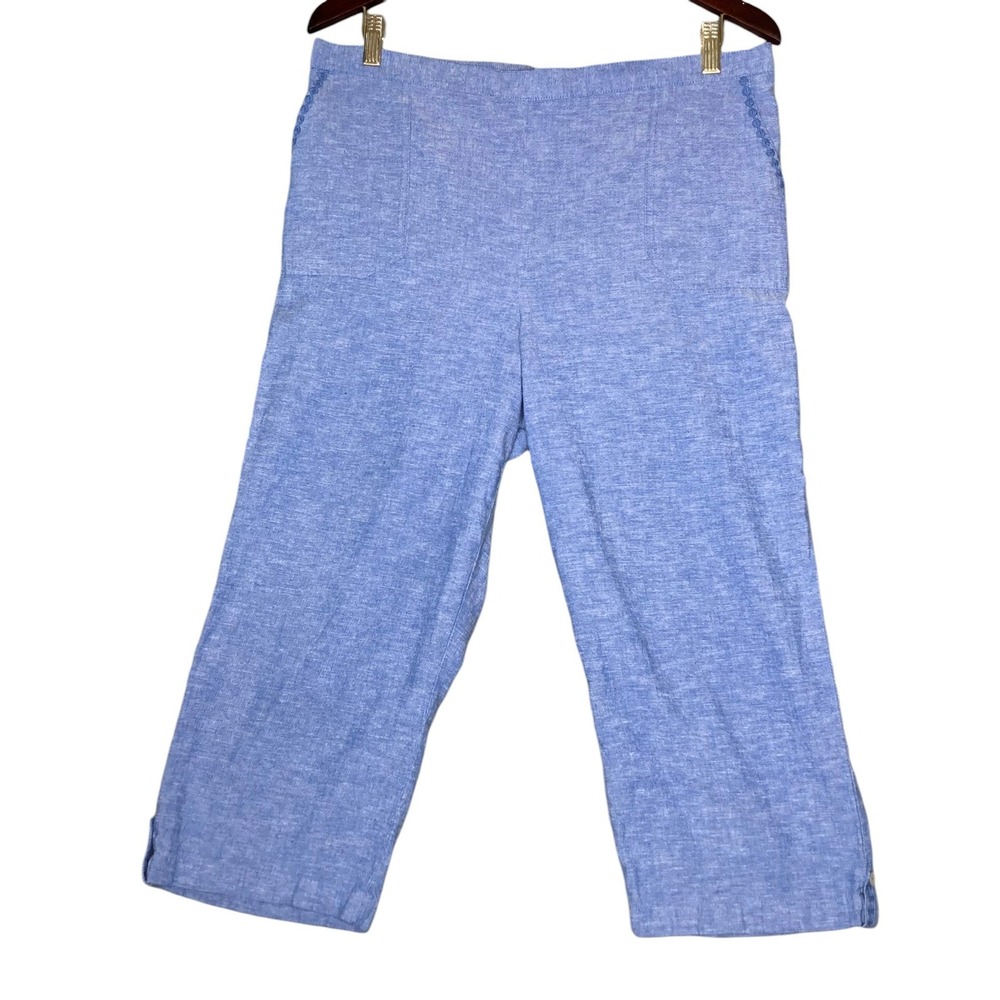 Alfred Dunner Capri Pants Women 16 Blue Linen Blend Elastic Waist Coastal Preppy